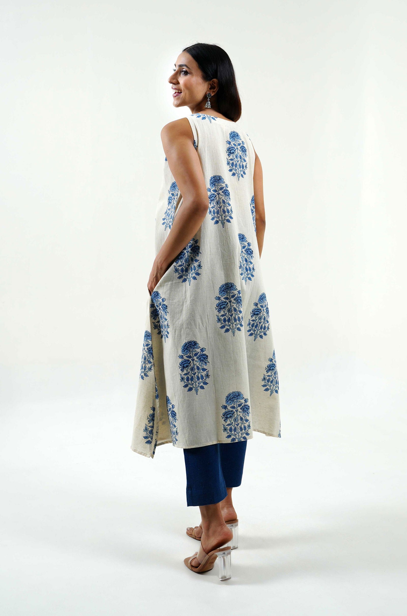Indigo Floral Block Print Kurta - Cyan India