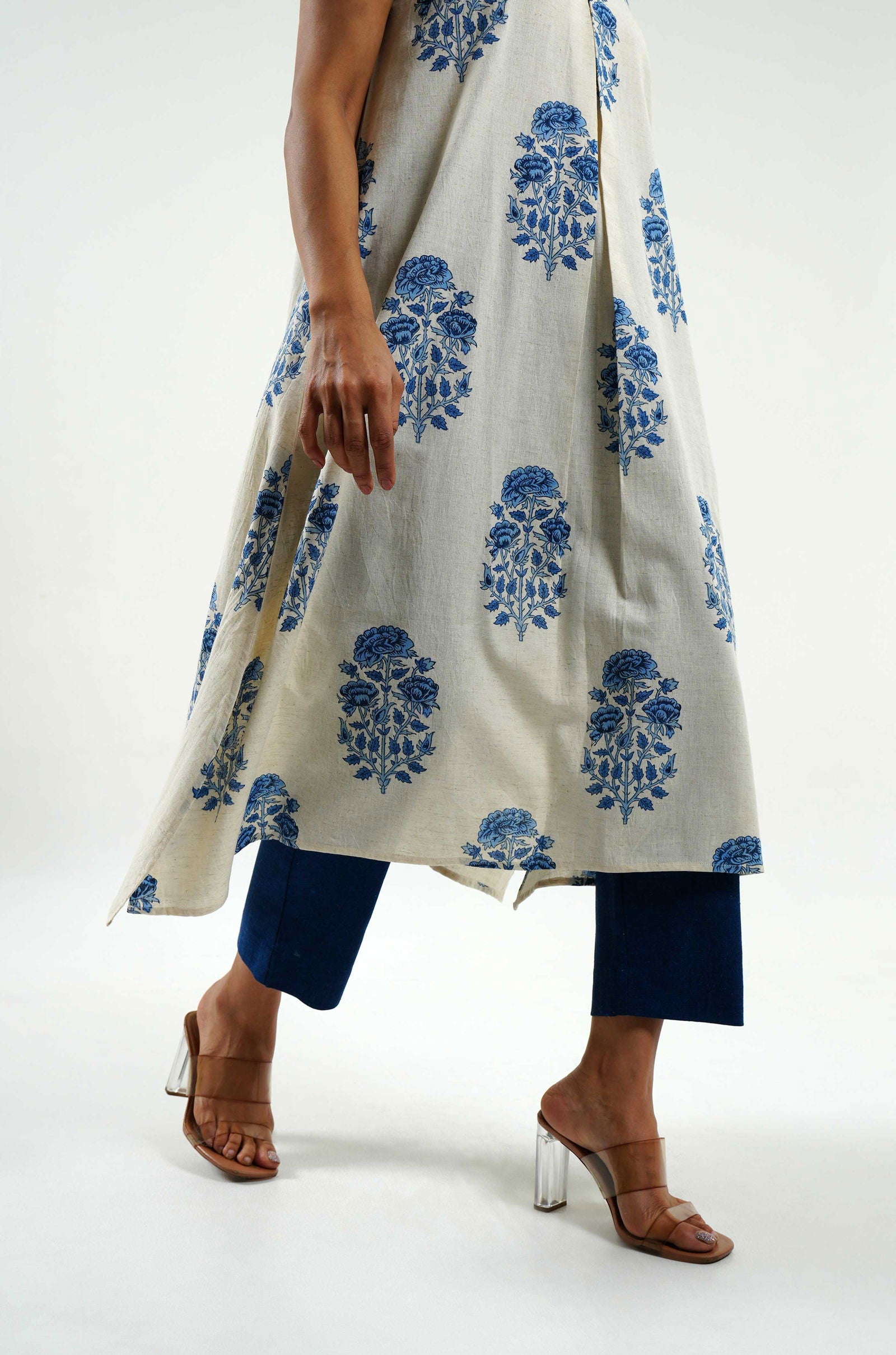 Indigo Floral Block Print Kurta - Cyan India