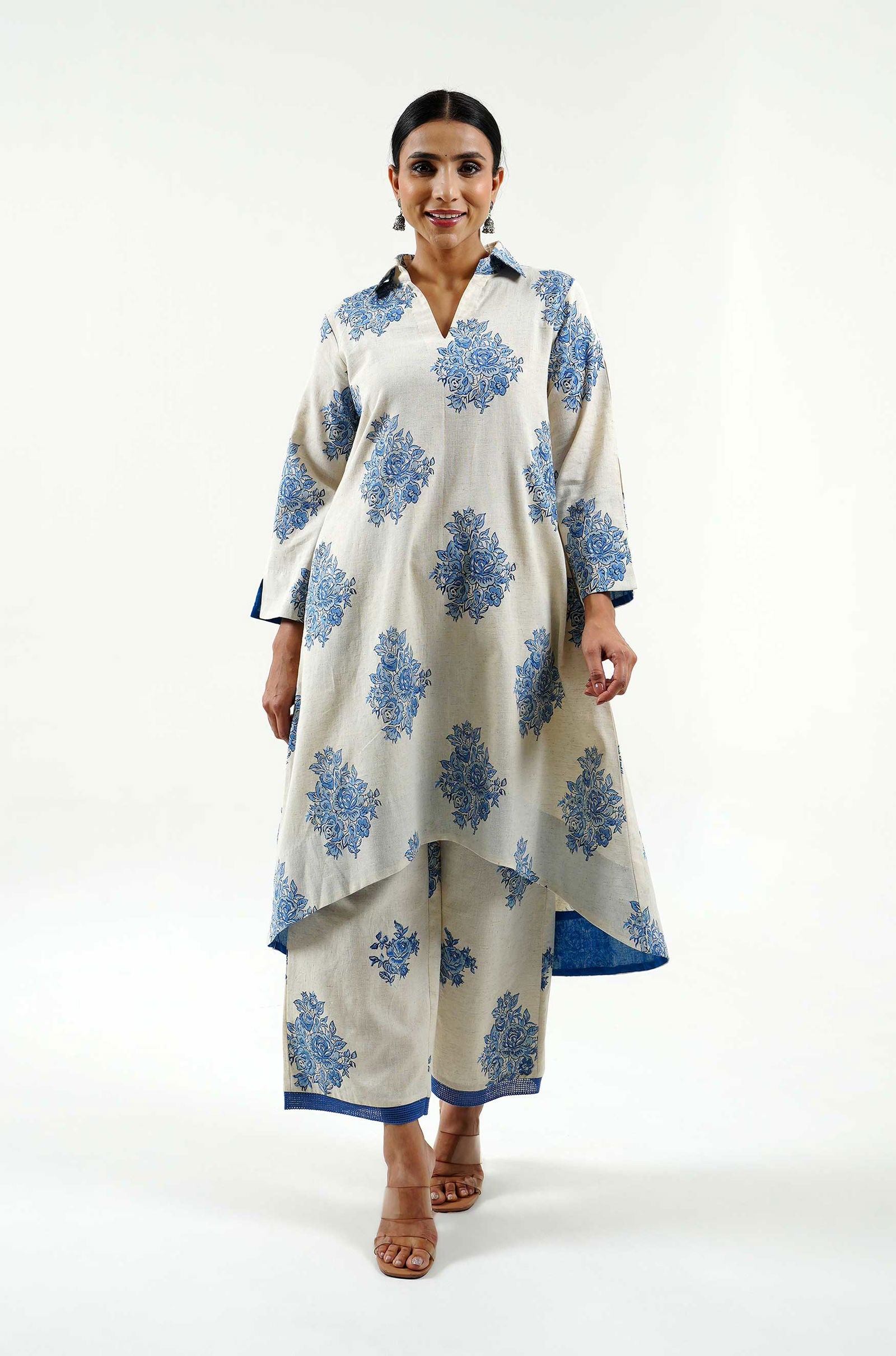 Indigo Rose Hand Block Printed Cord Set - Cyan India