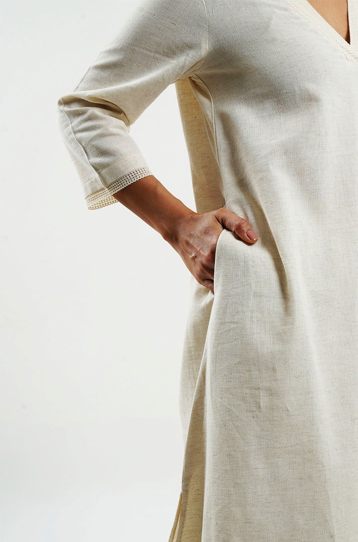 Ivory cotton linen kurta with lace - Cyan India