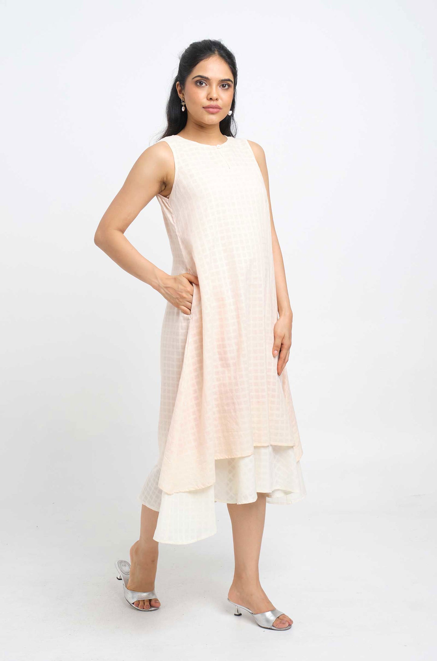 Light Peach Layered Cotton Dress - Cyan India