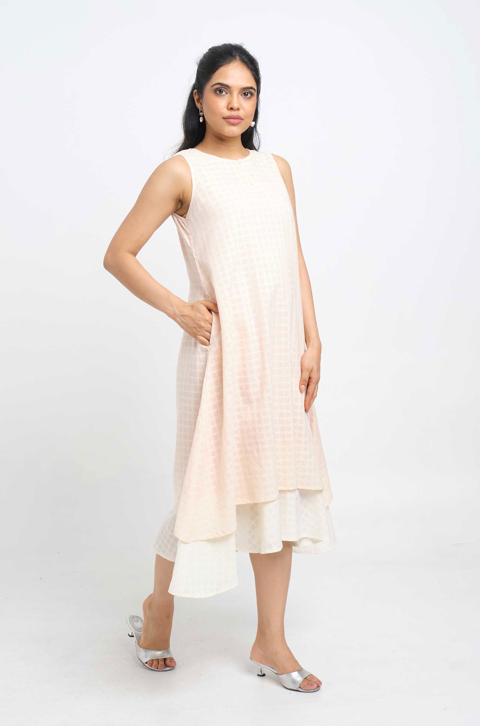 Light Peach Layered Cotton Dress - Cyan India