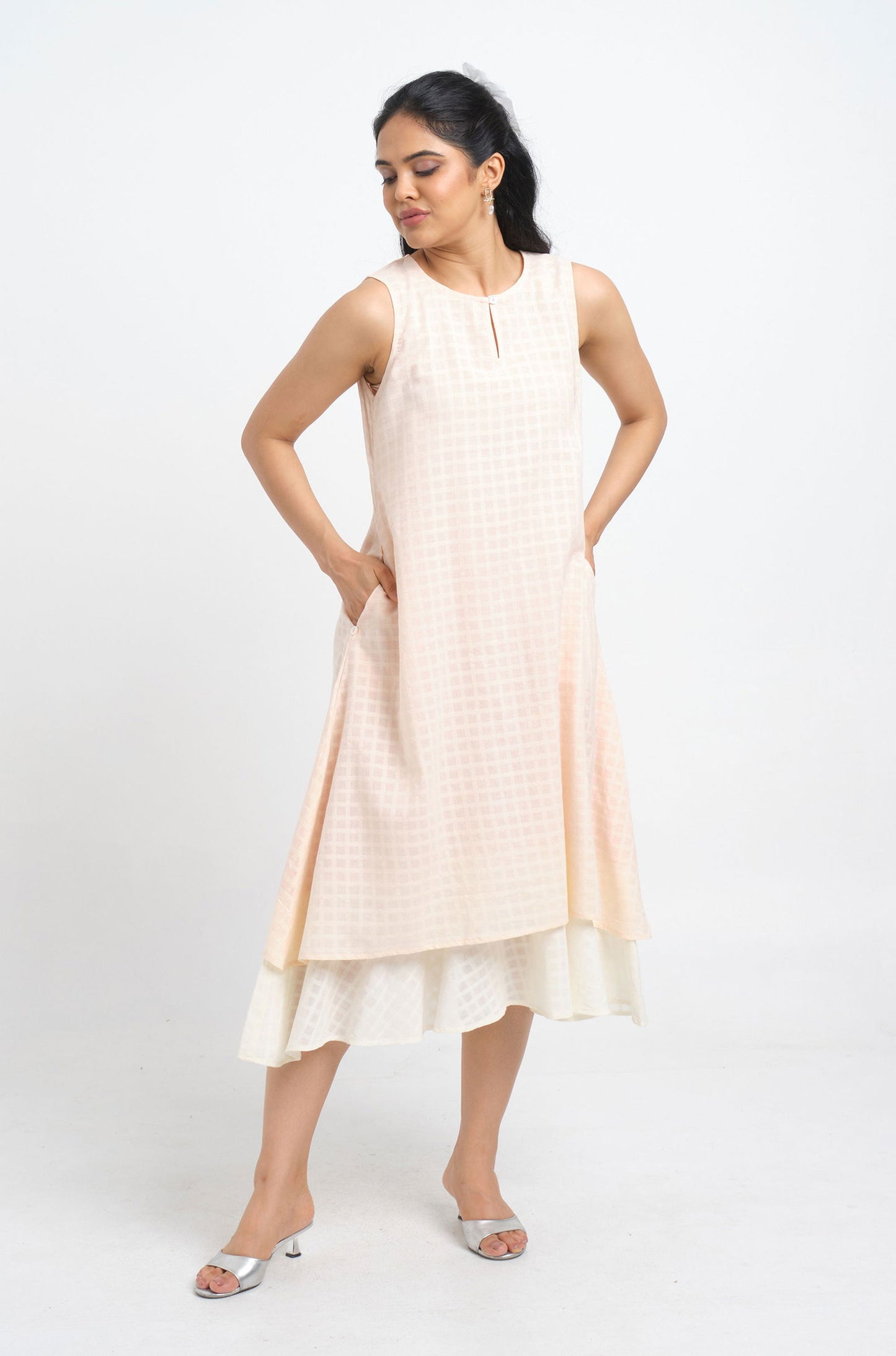 Light Peach Layered Cotton Dress - Cyan India