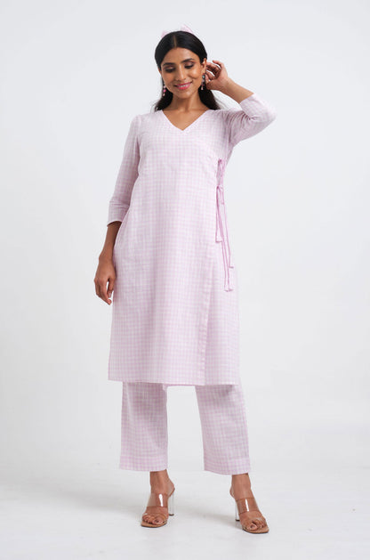 Lilac Gingham Angrakha Kurta - Cyan India
