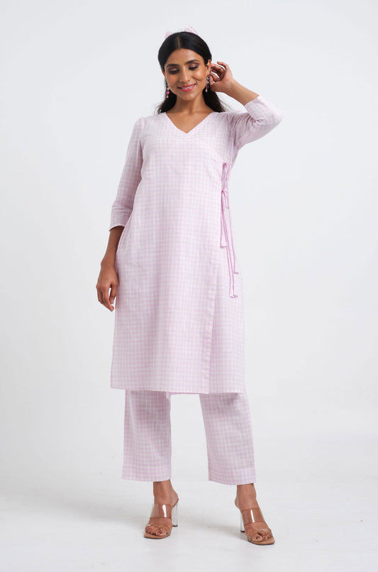 Lilac Gingham Angrakha Kurta - Cyan India