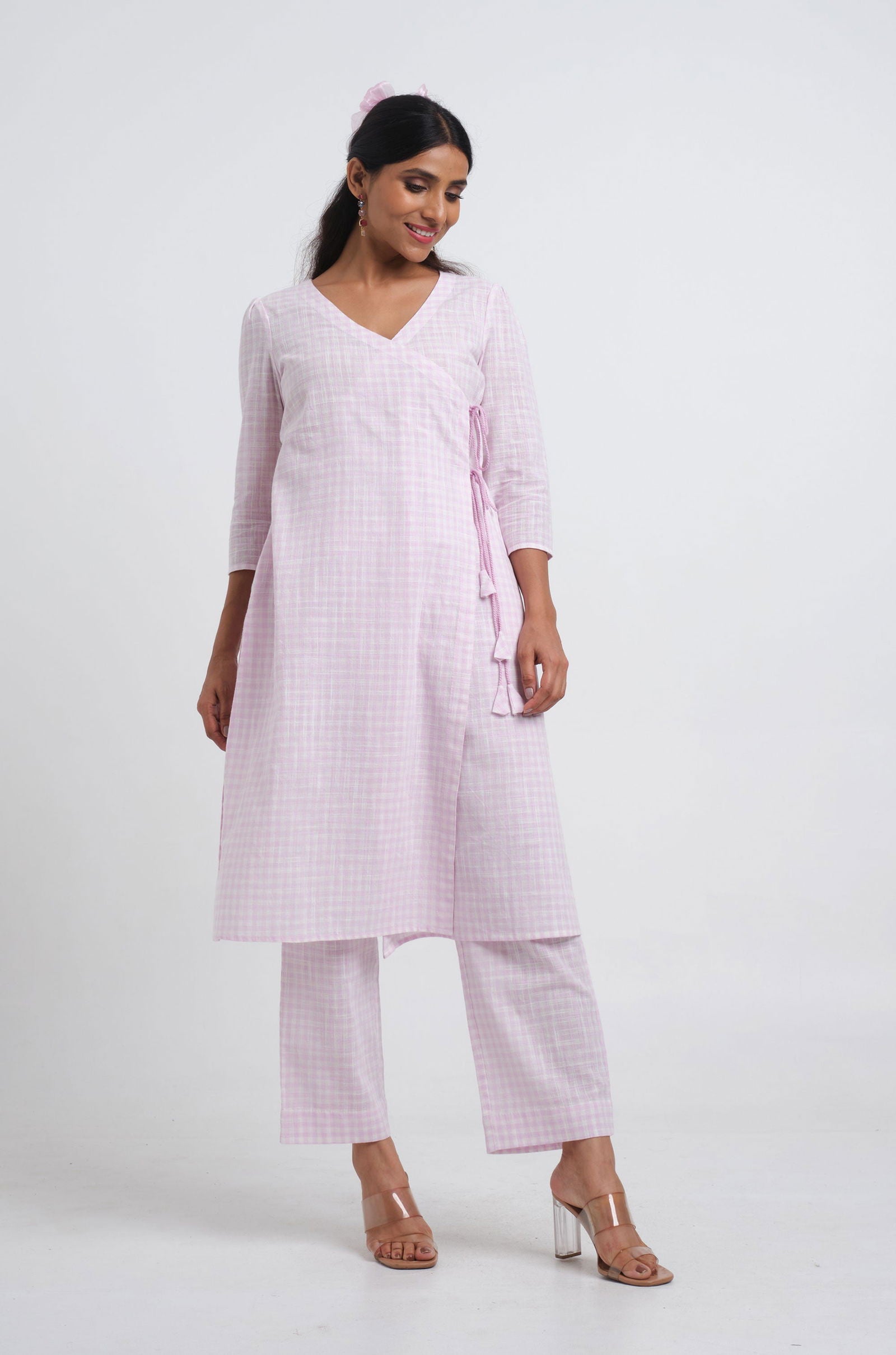 Lilac Gingham Angrakha Kurta - Cyan India