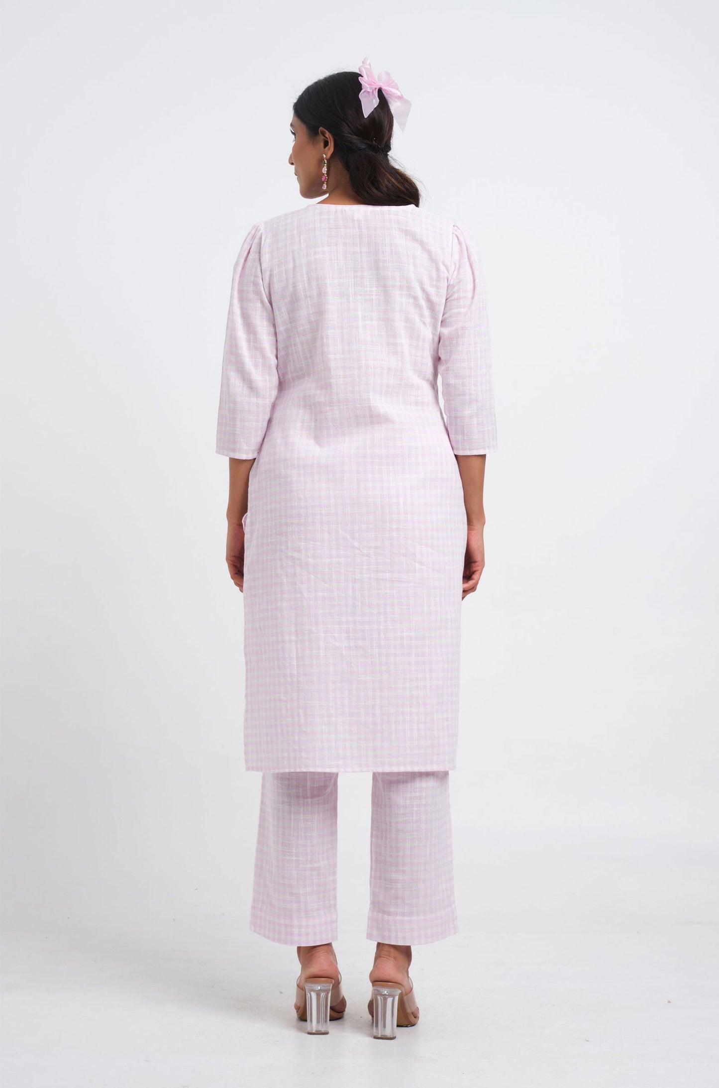 Lilac Gingham Angrakha Kurta - Cyan India