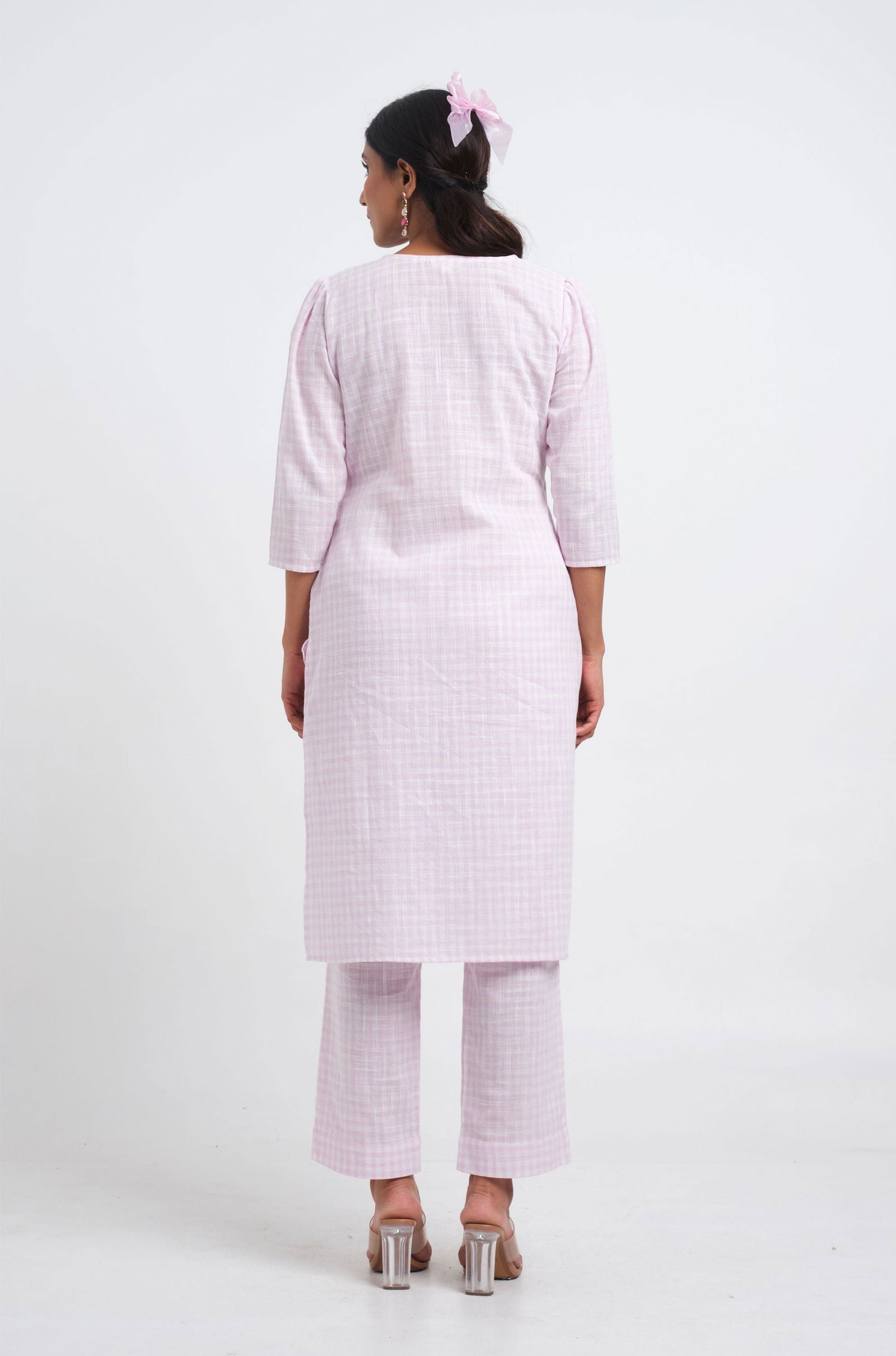 Lilac Gingham Angrakha Kurta - Cyan India