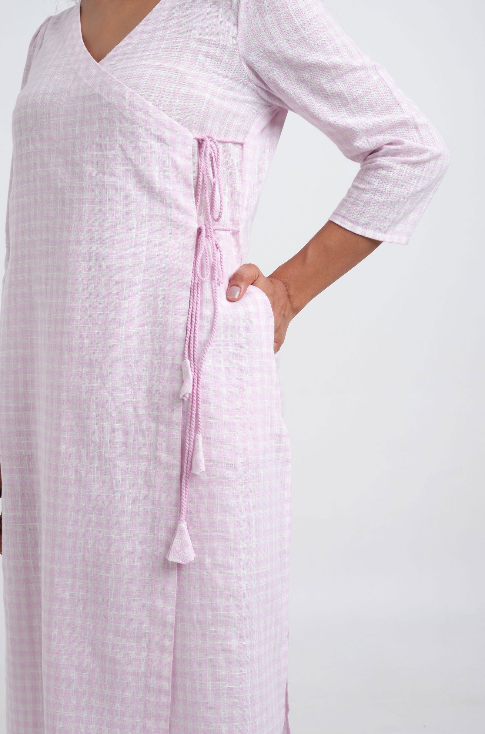 Lilac Gingham Angrakha Kurta - Cyan India