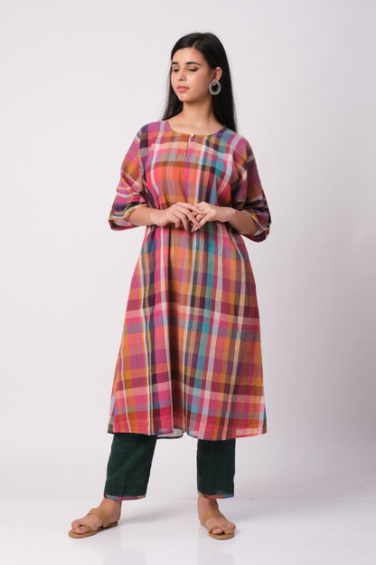 Madras Handloom Checks Choga - Cyan India