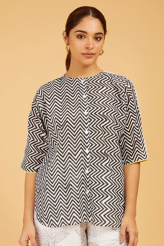 Mis-Match Block Print Shirt with Floral Back - Cyan India