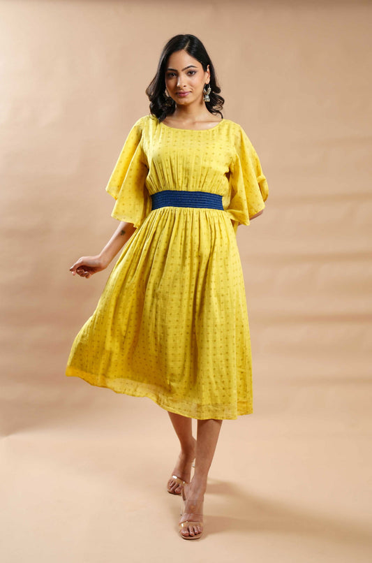 Mustard Yellow Hand Block Printed Dress - Cyan India