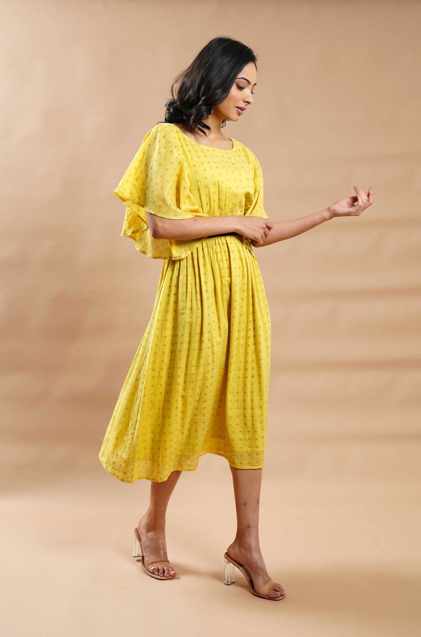 Mustard Yellow Hand Block Printed Dress - Cyan India