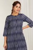 Navy Blue Chevron Ikat Kurta - Cyan India