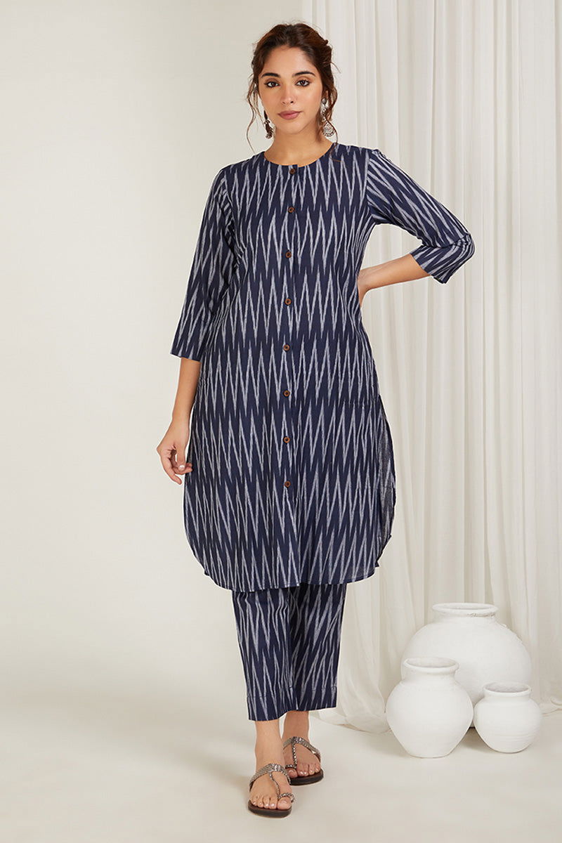 Navy Blue Chevrons Ikat Kurta Set - Cyan India