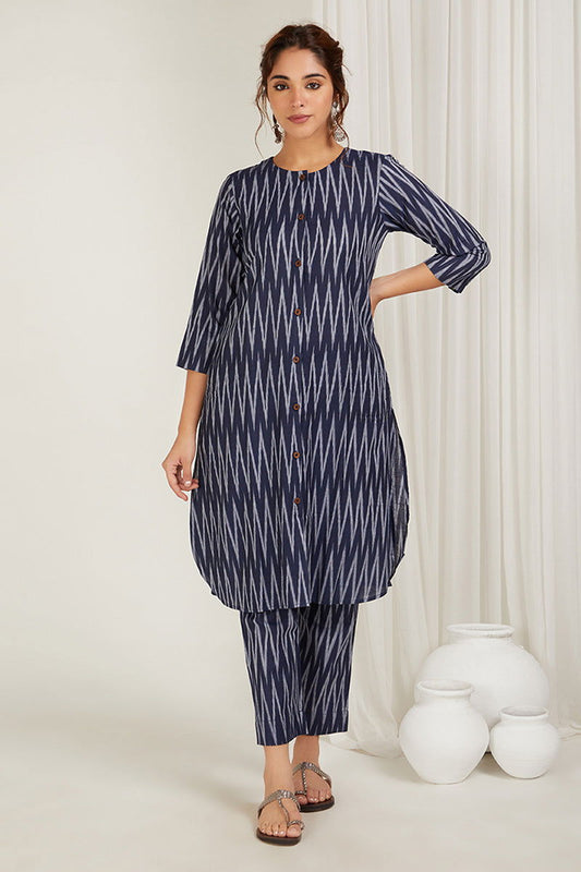 Navy Blue Chevrons Ikat Kurta Set - Cyan India