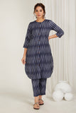 Navy Blue Chevrons Ikat Kurta Set - Cyan India
