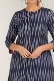 Navy Blue Chevrons Ikat Kurta Set - Cyan India