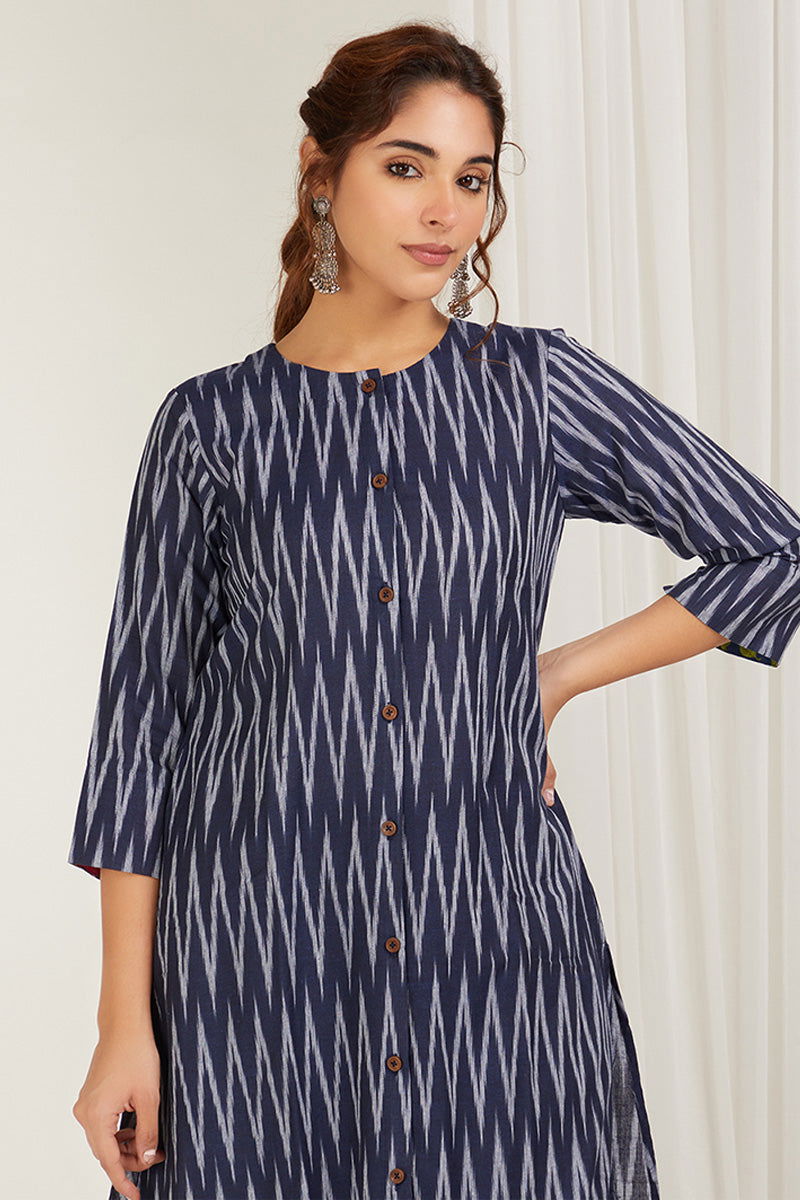 Navy Blue Chevrons Ikat Kurta Set - Cyan India