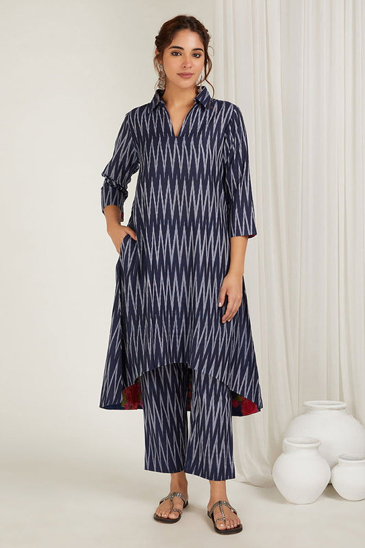 Navy Blue High-Low Kurta Set - Cyan India