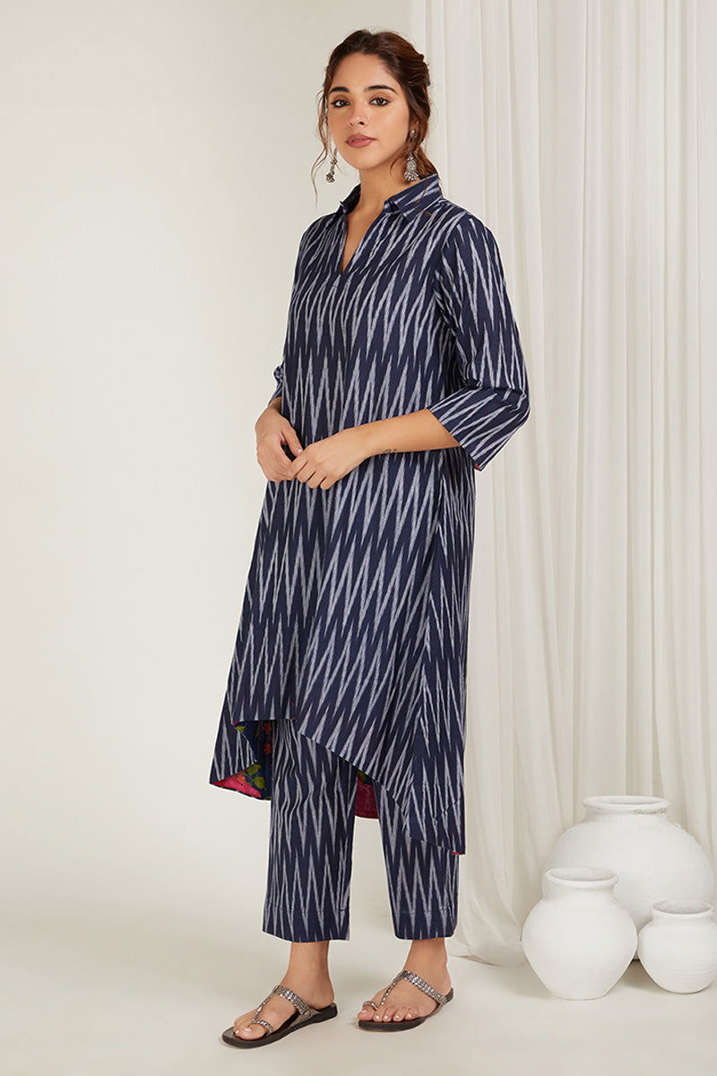 Navy Blue High-Low Kurta Set - Cyan India