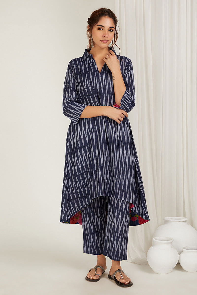 Navy Blue High-Low Kurta Set - Cyan India