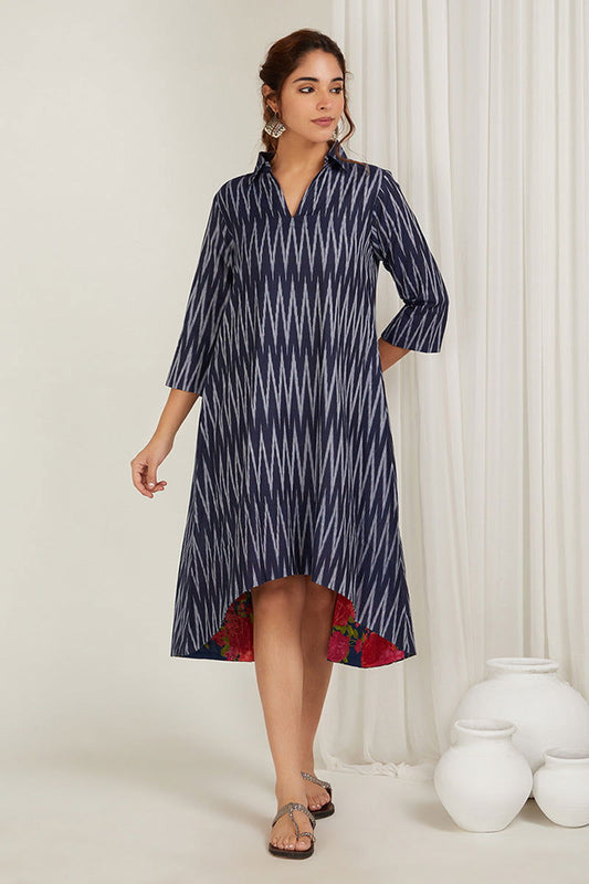 Navy Blue Ikat High-Low Dress - Cyan India