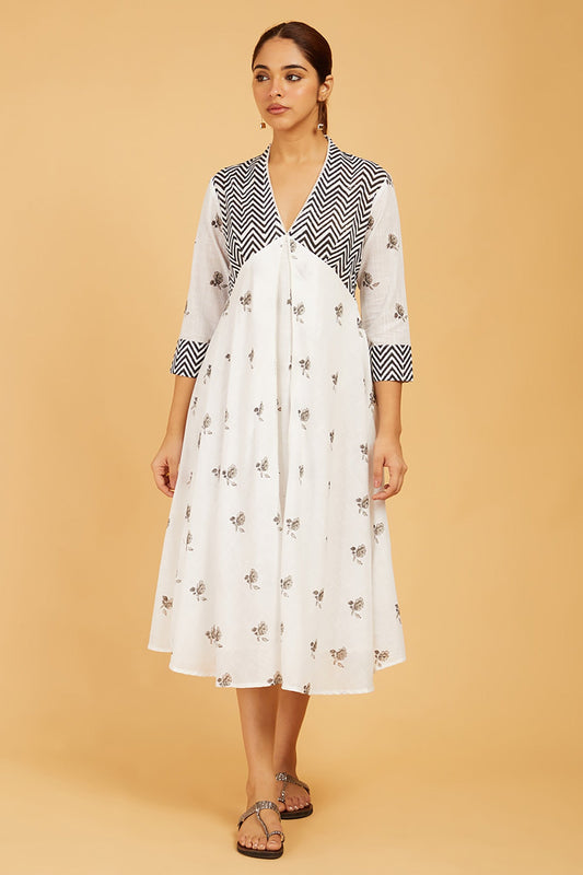 Pattern-Play Hand Block Print Dress - Cyan India