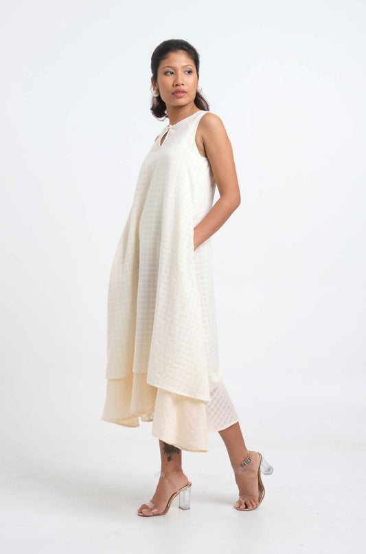 Peach-White Cotton Dobby Dress - Cyan India