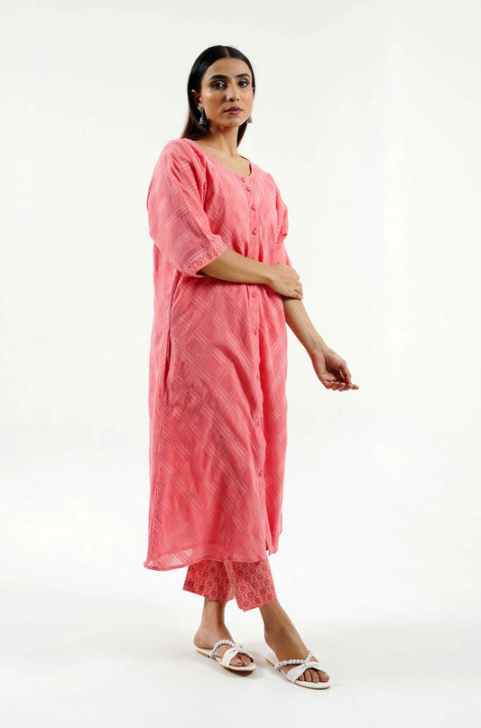 Peach Bold Checks Kurta with Slip (set of 2) - Cyan India
