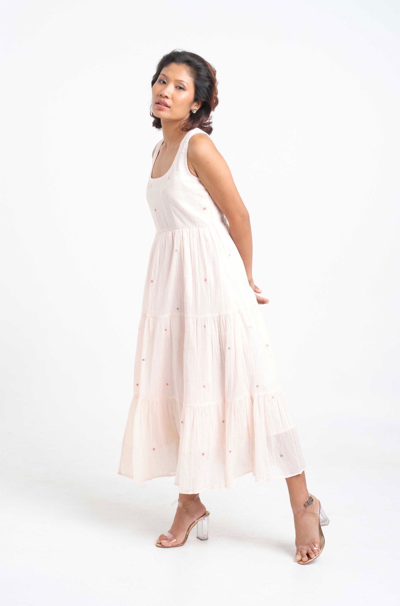 Peach Dots Embroidered Dress - Cyan India
