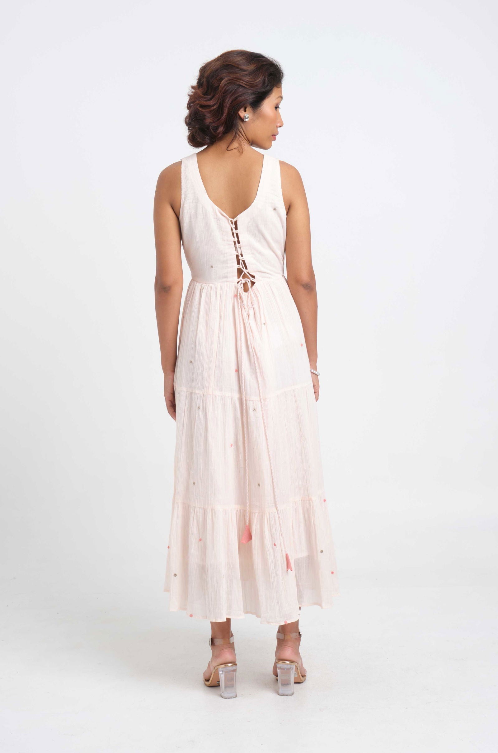 Peach Dots Embroidered Dress - Cyan India