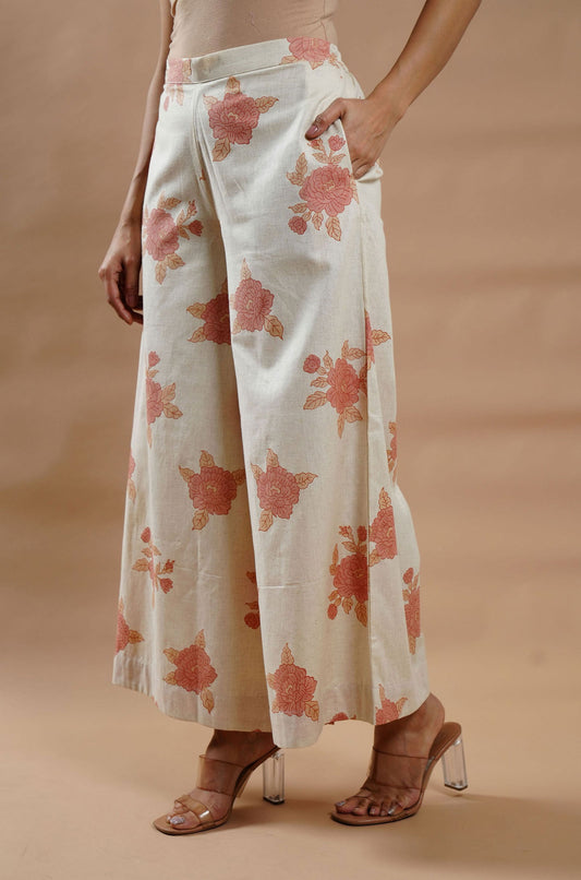 Peach Summer Bloom Cotton-Linen Palazzo - Cyan India