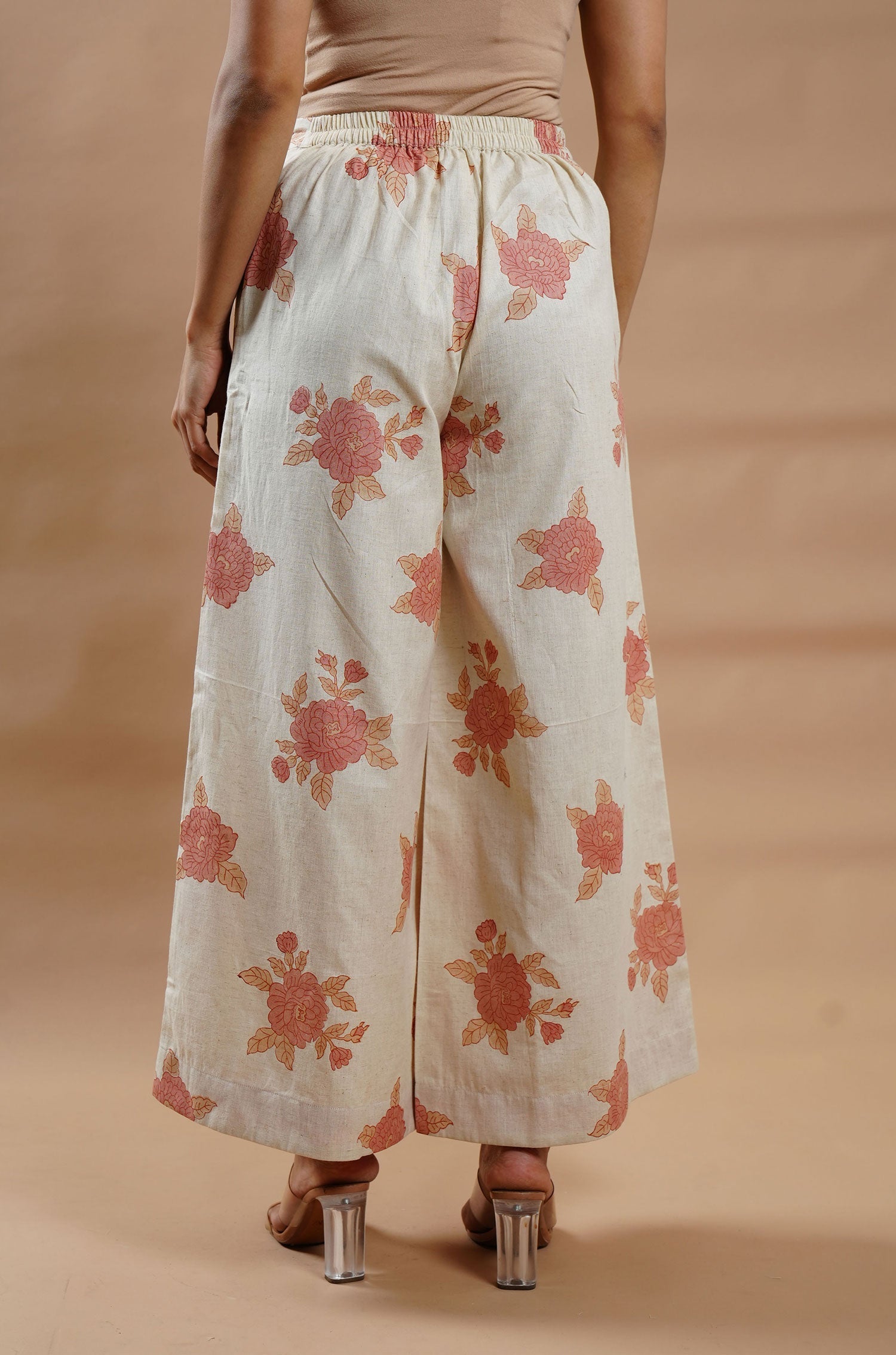 Peach Summer Bloom Cotton-Linen Palazzo - Cyan India