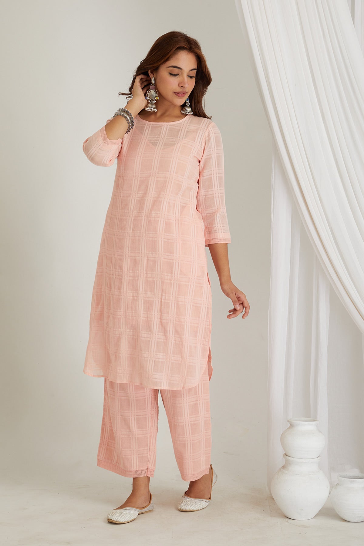 Pink Checkered Cord-Set with Slip - Cyan India