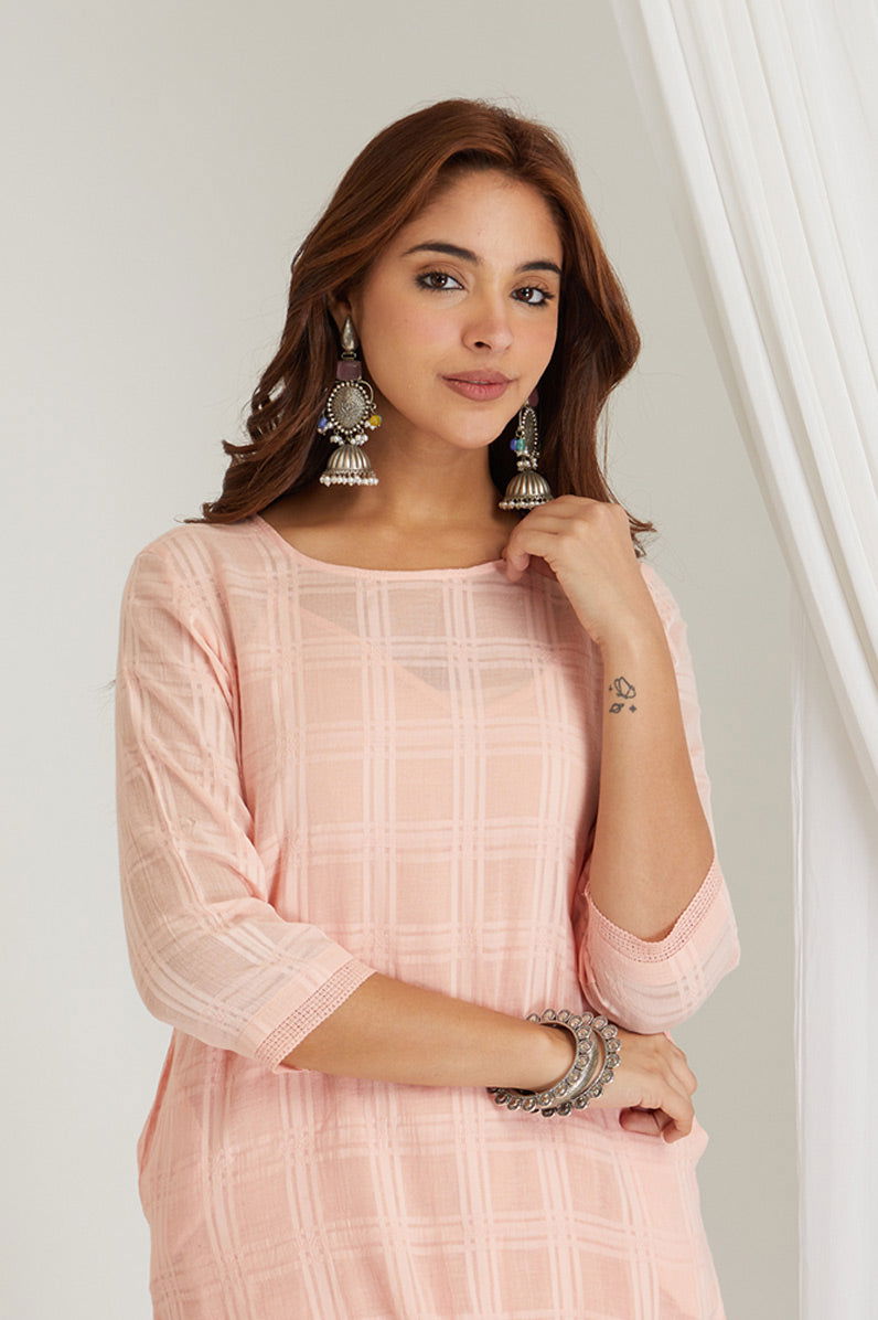 Pink Checkered Cord-Set with Slip - Cyan India