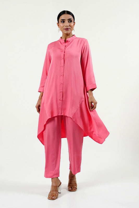 Pink Modal Satin High Low Kurta - Cyan India