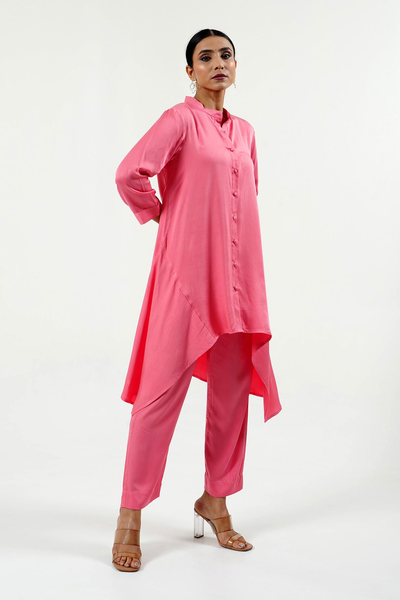 Pink Modal Satin High Low Kurta - Cyan India