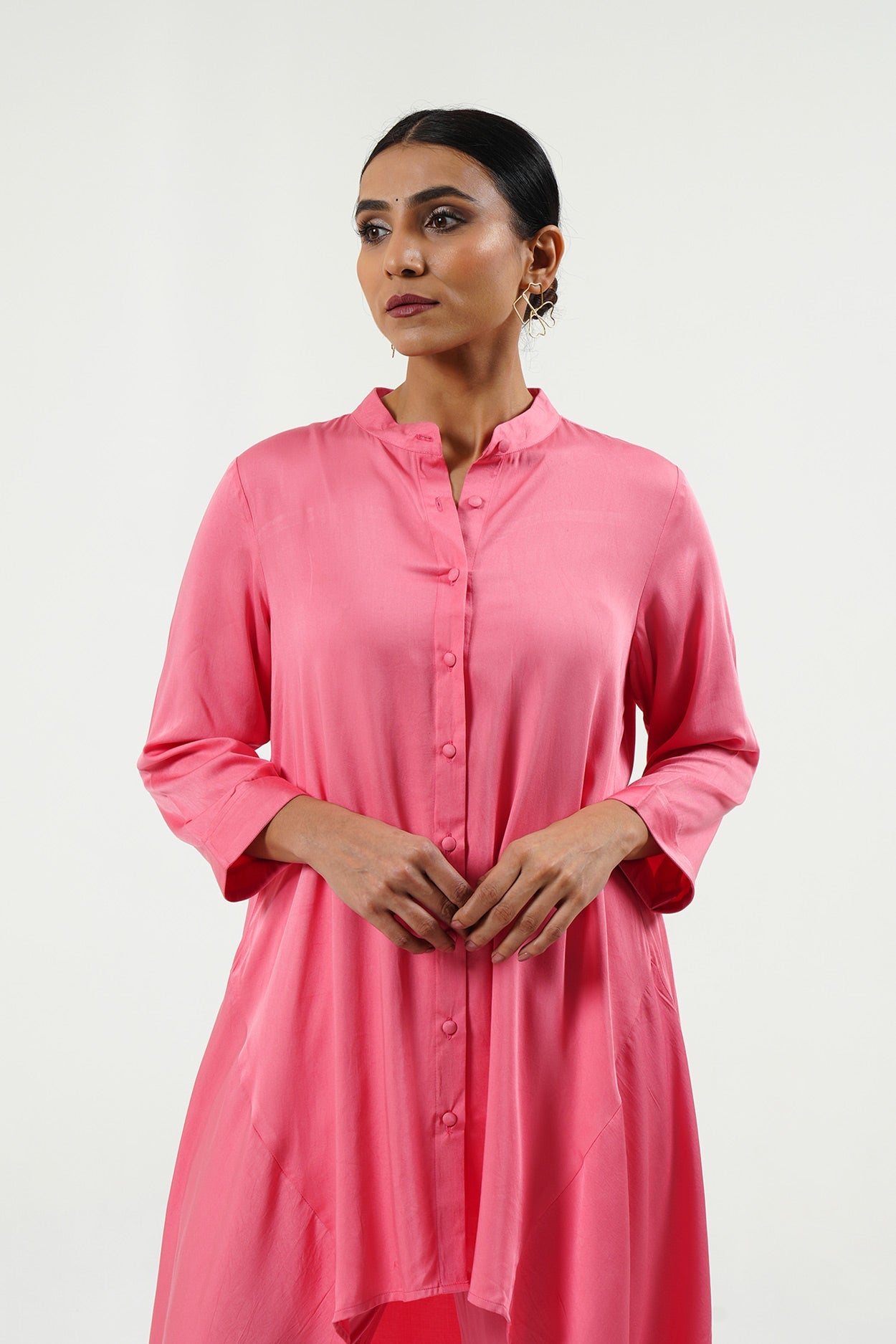 Pink Modal Satin High Low Kurta - Cyan India