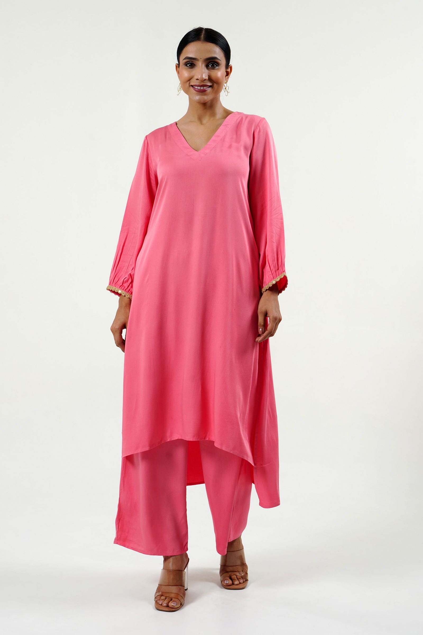 Pink Modal Satin V-Neck Kurta Set - Cyan India