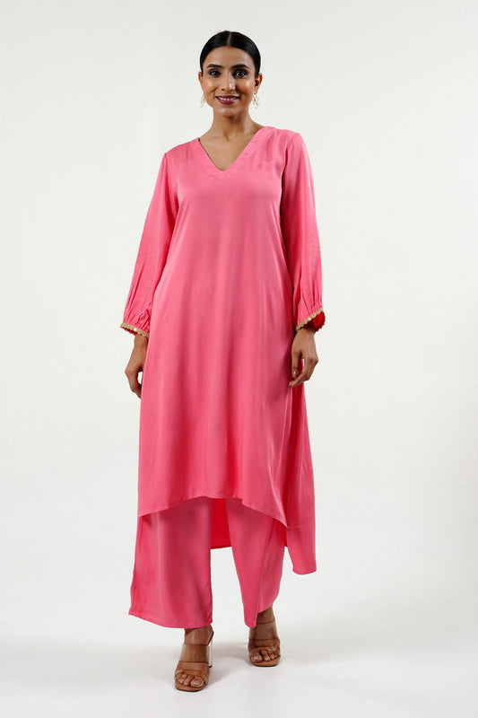 Pink Modal Satin V-Neck Kurta Set - Cyan India