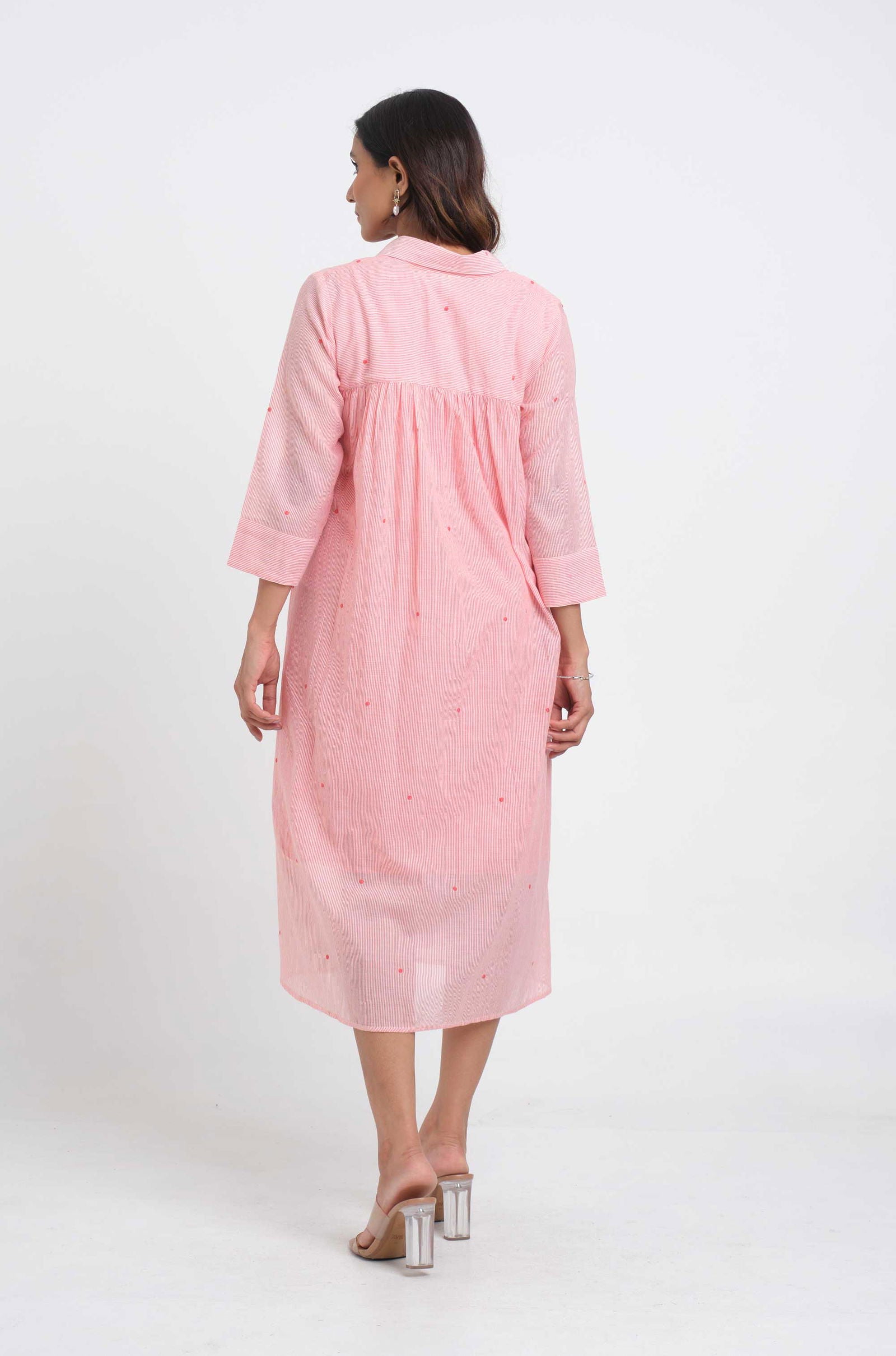 Pinstripe Embroidered Shirt Dress - Cyan India