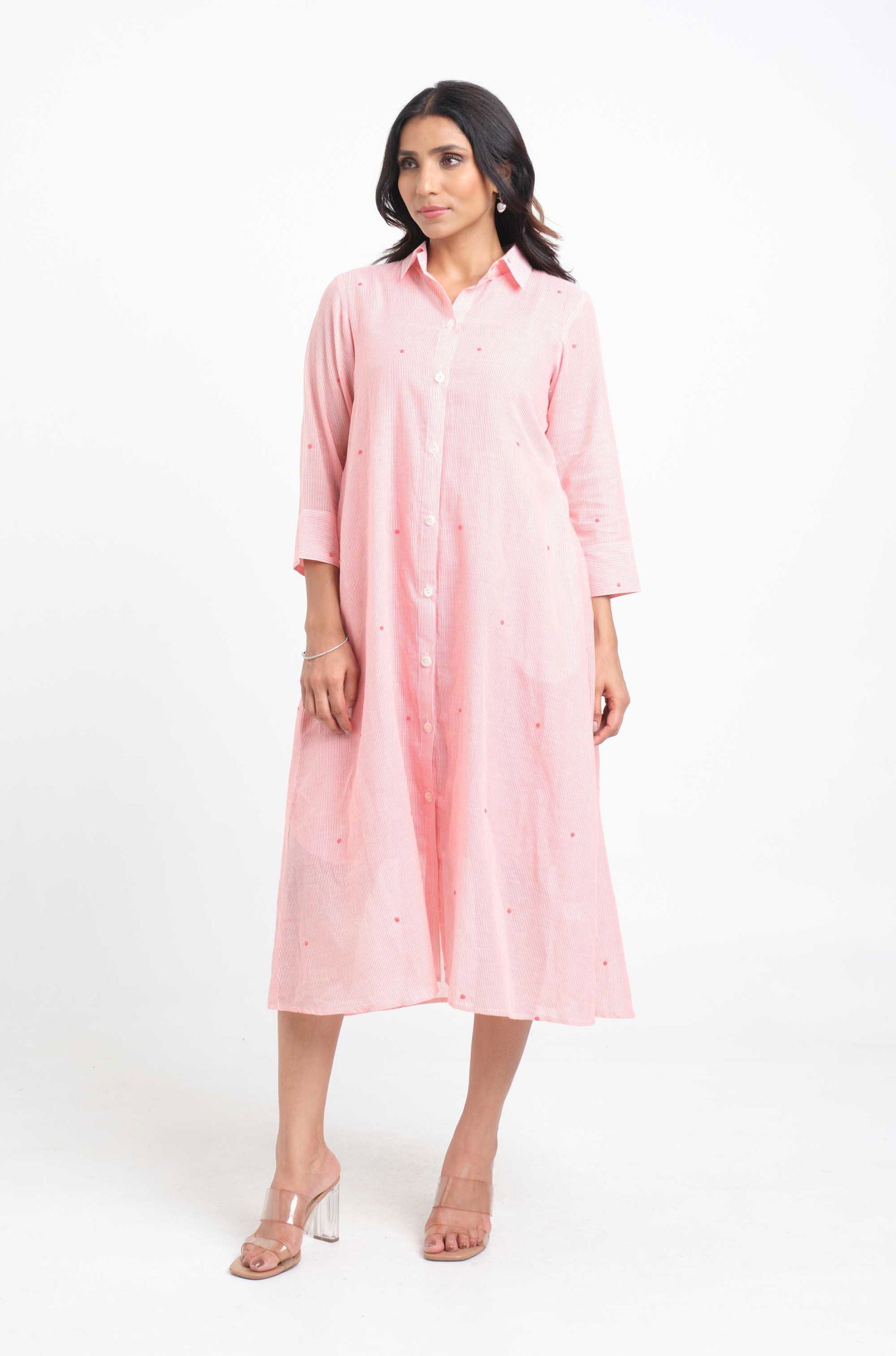 Pinstripe Embroidered Shirt Dress - Cyan India