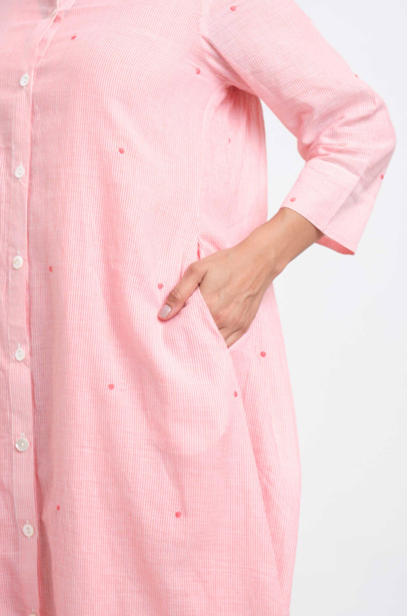 Pinstripe Embroidered Shirt Dress - Cyan India