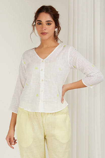 Polka Embroidered White Shirt - Cyan India