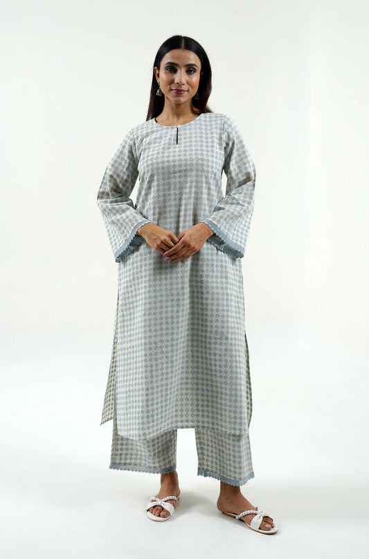 Powder Blue Block Print Pants - Cyan India