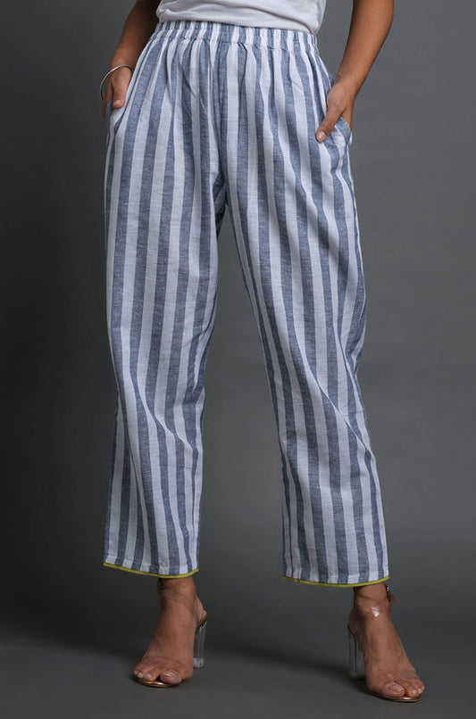 Striped Cotton Pants - Cyan India