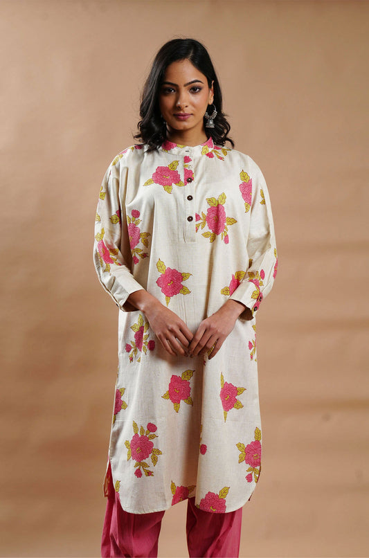 Summer Bloom Cotton-Linen Kurta - Cyan India