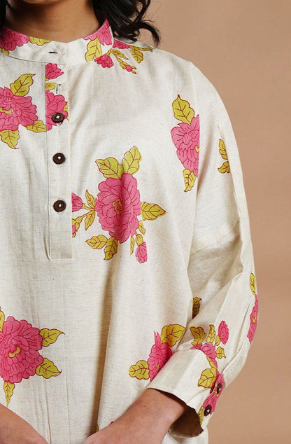 Summer Bloom Cotton-Linen Kurta - Cyan India