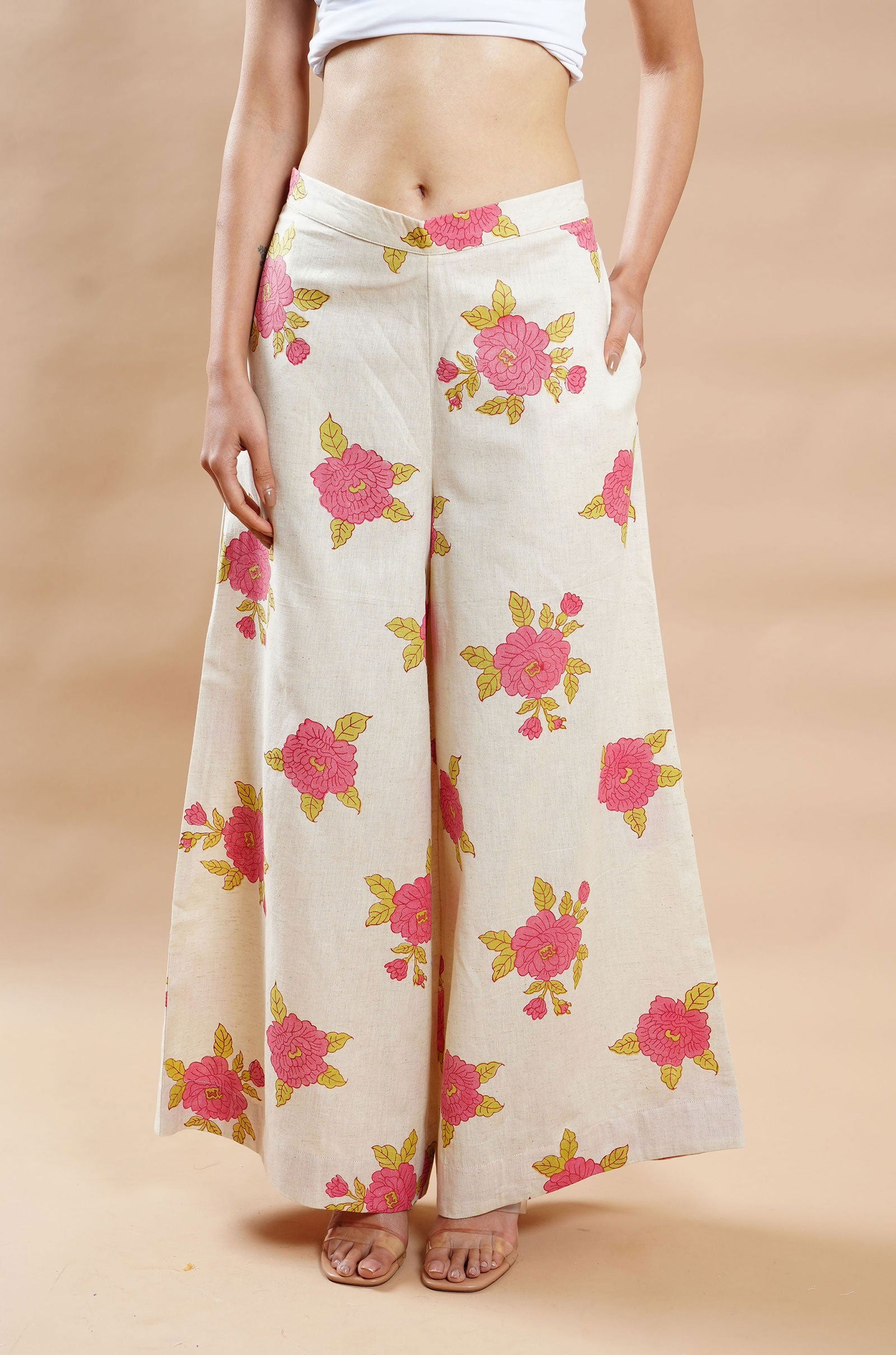 Summer Bloom Cotton-Linen Palazzo - Cyan India